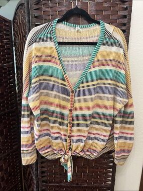 Bellamie Striped Tie-Hem Cardigan in Yellow, Green, Black, Cream